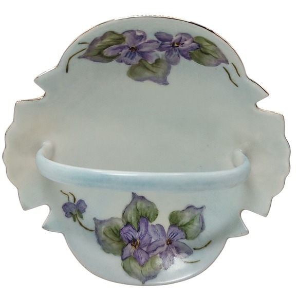 Vintage Floral Candy Dish Relish Handle‎ Hand Painted Blue Purple Silver Trim - Picture 1 of 9